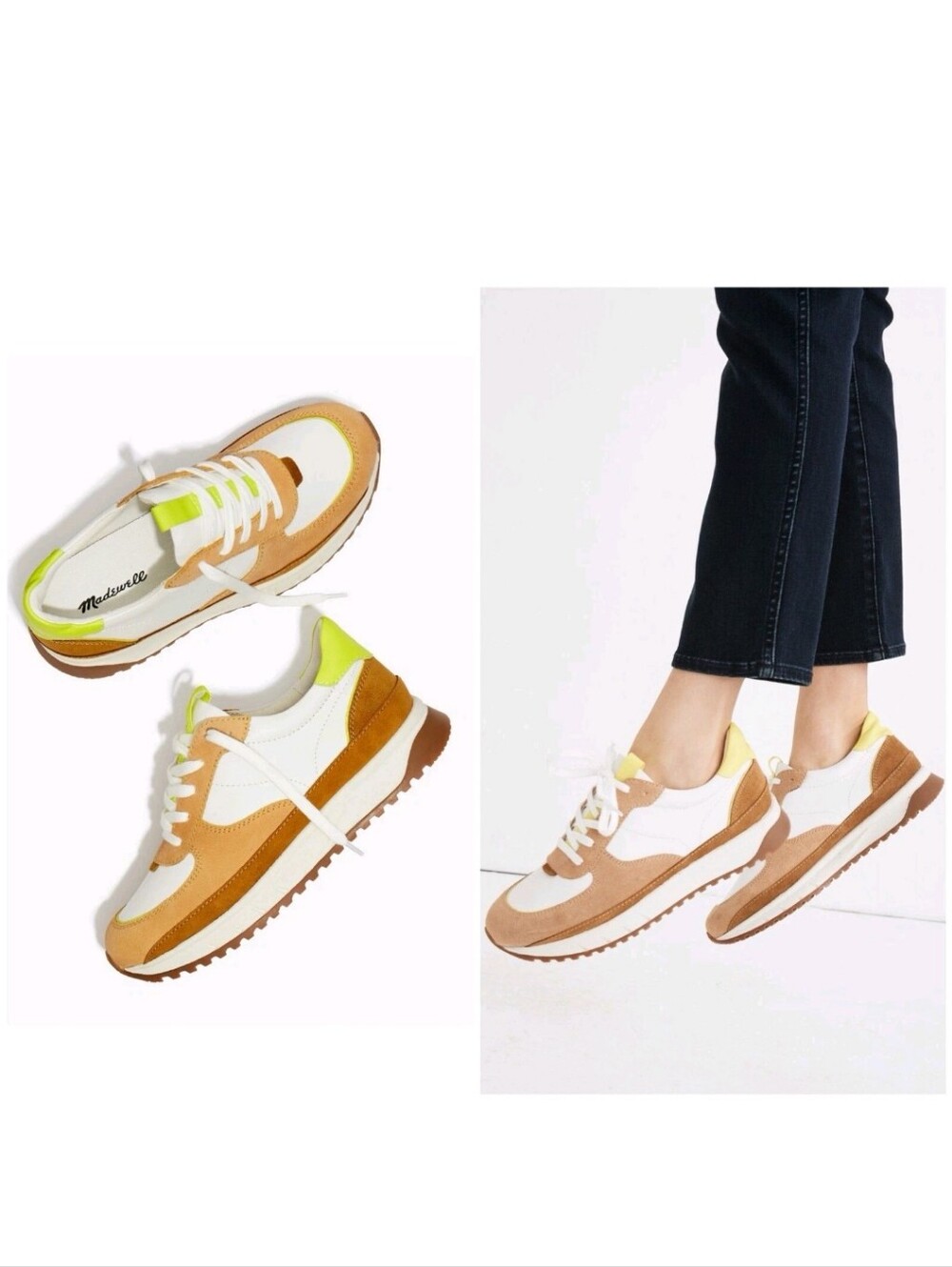 Madewell White, Tan & Neon Yellow Retro Runner Sneakers